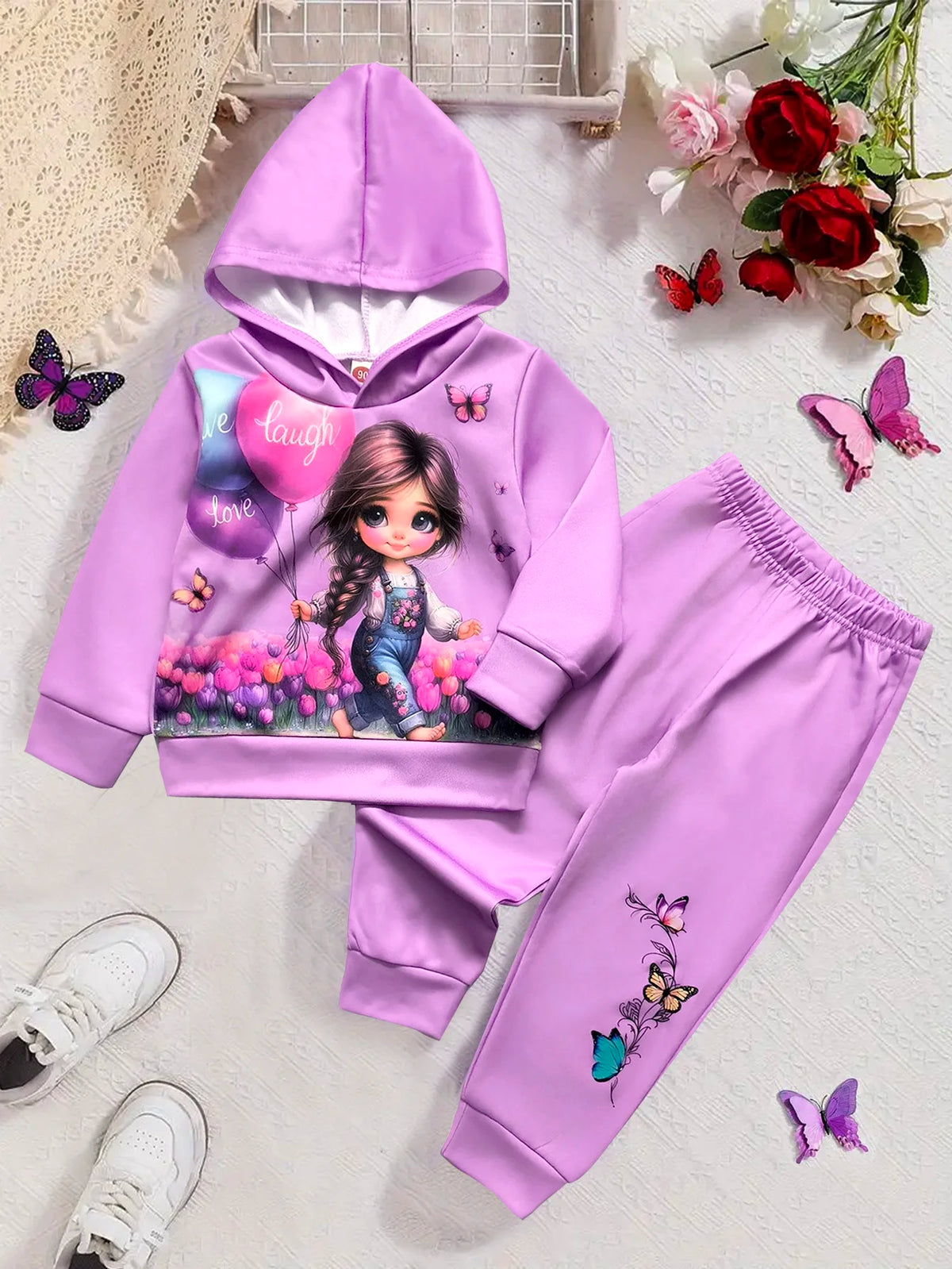 Autumn Winter Toddler Baby Girls Fleece Clothes Set Cute Cartoon Butterfly Printed Hooded Sweatshirt Sweatpants 2Pcs Outfit 1-6Y