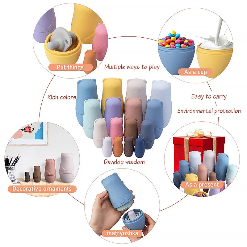 1setMontessori Nesting Dolls Toy Russian Matryoshka Doll Educational Toys for Children Silicone Stacking Blocks Doll Inside Doll