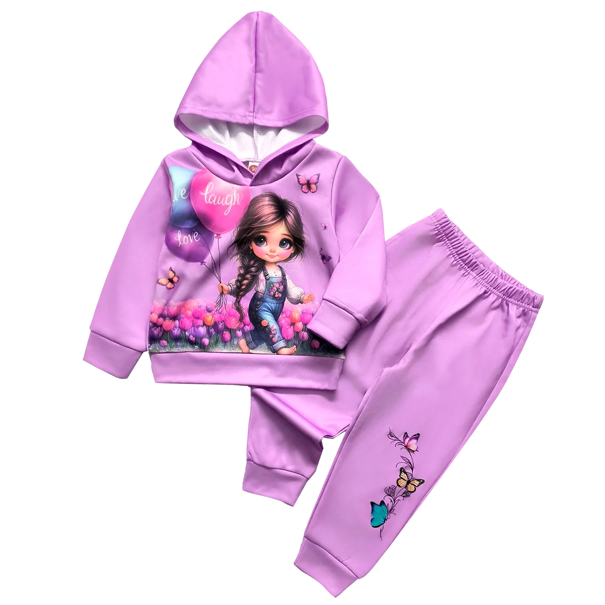 Autumn Winter Toddler Baby Girls Fleece Clothes Set Cute Cartoon Butterfly Printed Hooded Sweatshirt Sweatpants 2Pcs Outfit 1-6Y