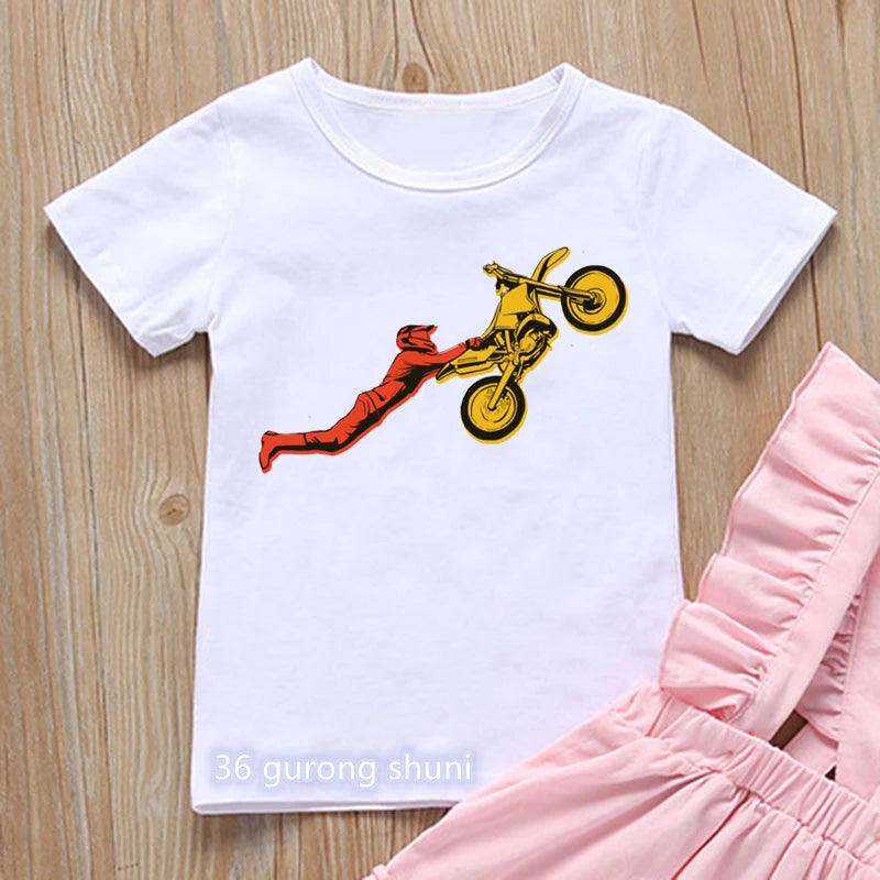 T-shirt for boys Cool motorcycle cartoon print boy clothes  casual kids tshirt summer hiphop teen t shirt white yellow tops