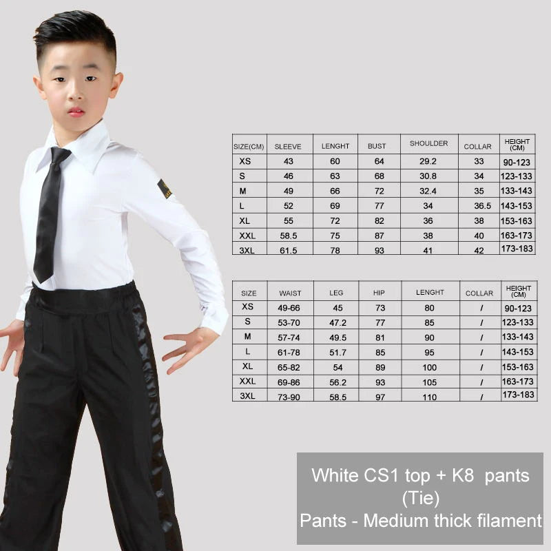 Boy Kids Adult Latin Costume Shirt Pants Tie White Boys Latin Dance Costumes 3 Pieces Suit Modern Ballroom Tango Rumba