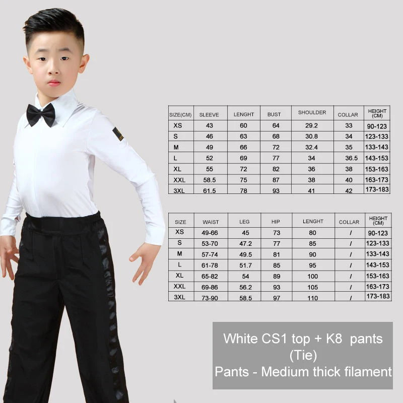 Boy Kids Adult Latin Costume Shirt Pants Tie White Boys Latin Dance Costumes 3 Pieces Suit Modern Ballroom Tango Rumba