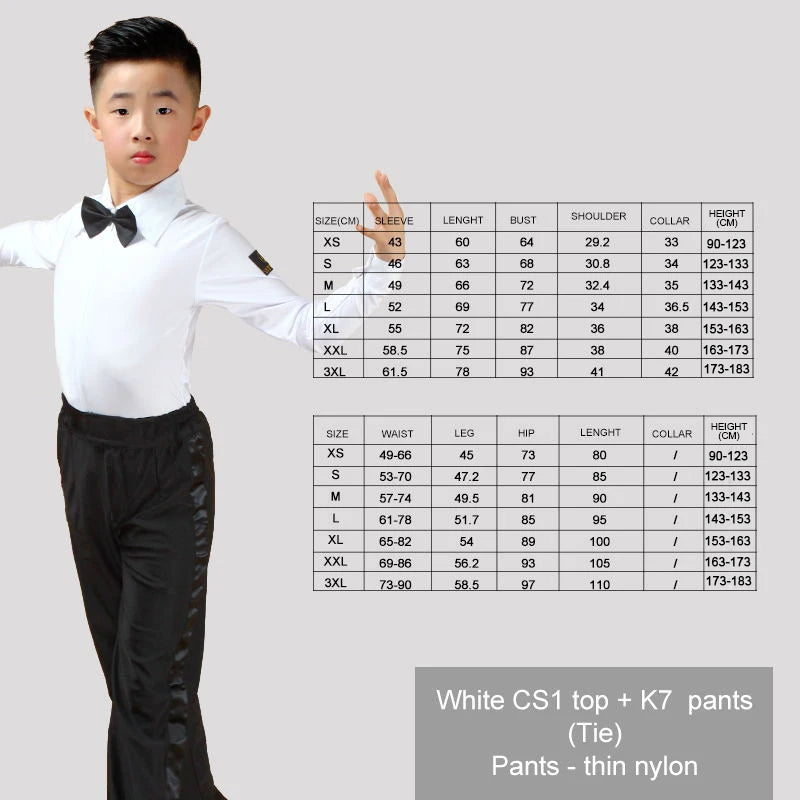 Boy Kids Adult Latin Costume Shirt Pants Tie White Boys Latin Dance Costumes 3 Pieces Suit Modern Ballroom Tango Rumba