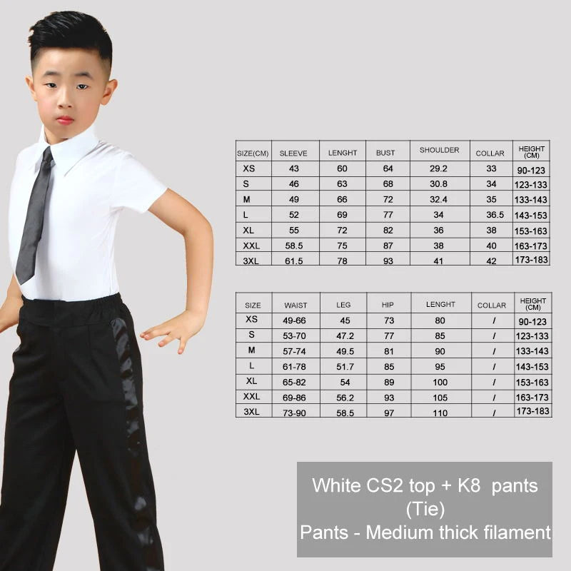 Boy Kids Adult Latin Costume Shirt Pants Tie White Boys Latin Dance Costumes 3 Pieces Suit Modern Ballroom Tango Rumba