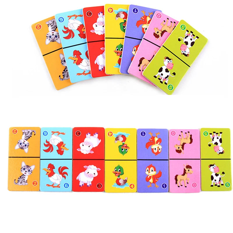 Montessori Wooden Domino Building Blocks Set Early Educational Toys Kids Cartoon Cognitive Animal Dominoes Puzzle Toy Children
