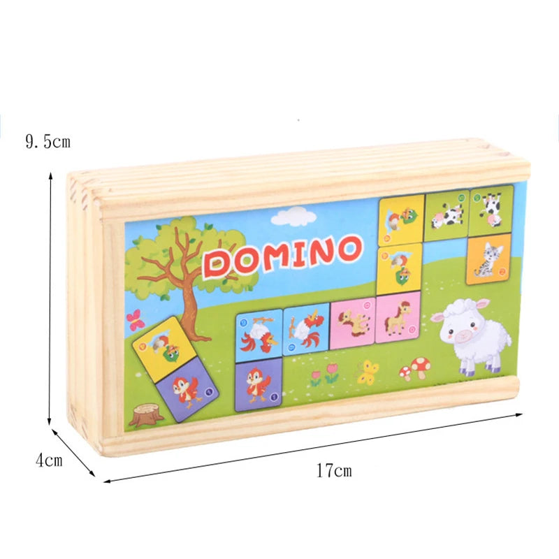 Montessori Wooden Domino Building Blocks Set Early Educational Toys Kids Cartoon Cognitive Animal Dominoes Puzzle Toy Children