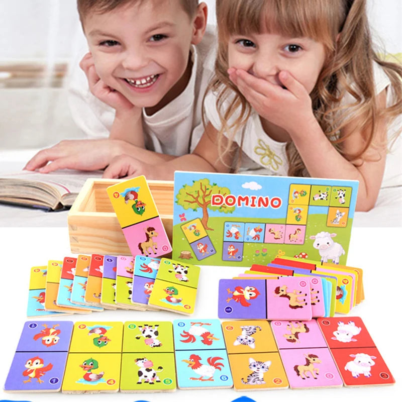 Montessori Wooden Domino Building Blocks Set Early Educational Toys Kids Cartoon Cognitive Animal Dominoes Puzzle Toy Children