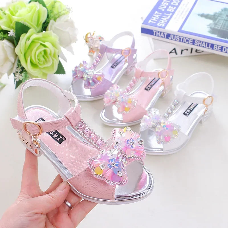 Girls Dance Shoes Non-slip Soft Sole 2025 Summer New Kids Princess Shoes T-strap Open Toes Children Sandals Sweet Bows Non-slip