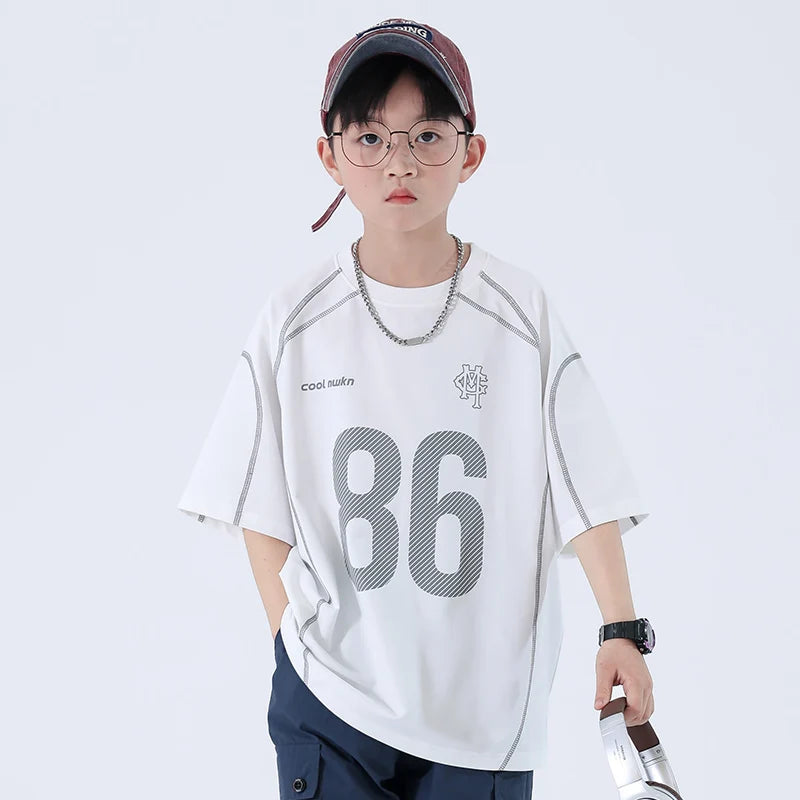 Children's Boys T-Shirts with Number Print Round Neck Short Sleeve Shirts for New Summer Casual Wear White Loose Cotton Clothes