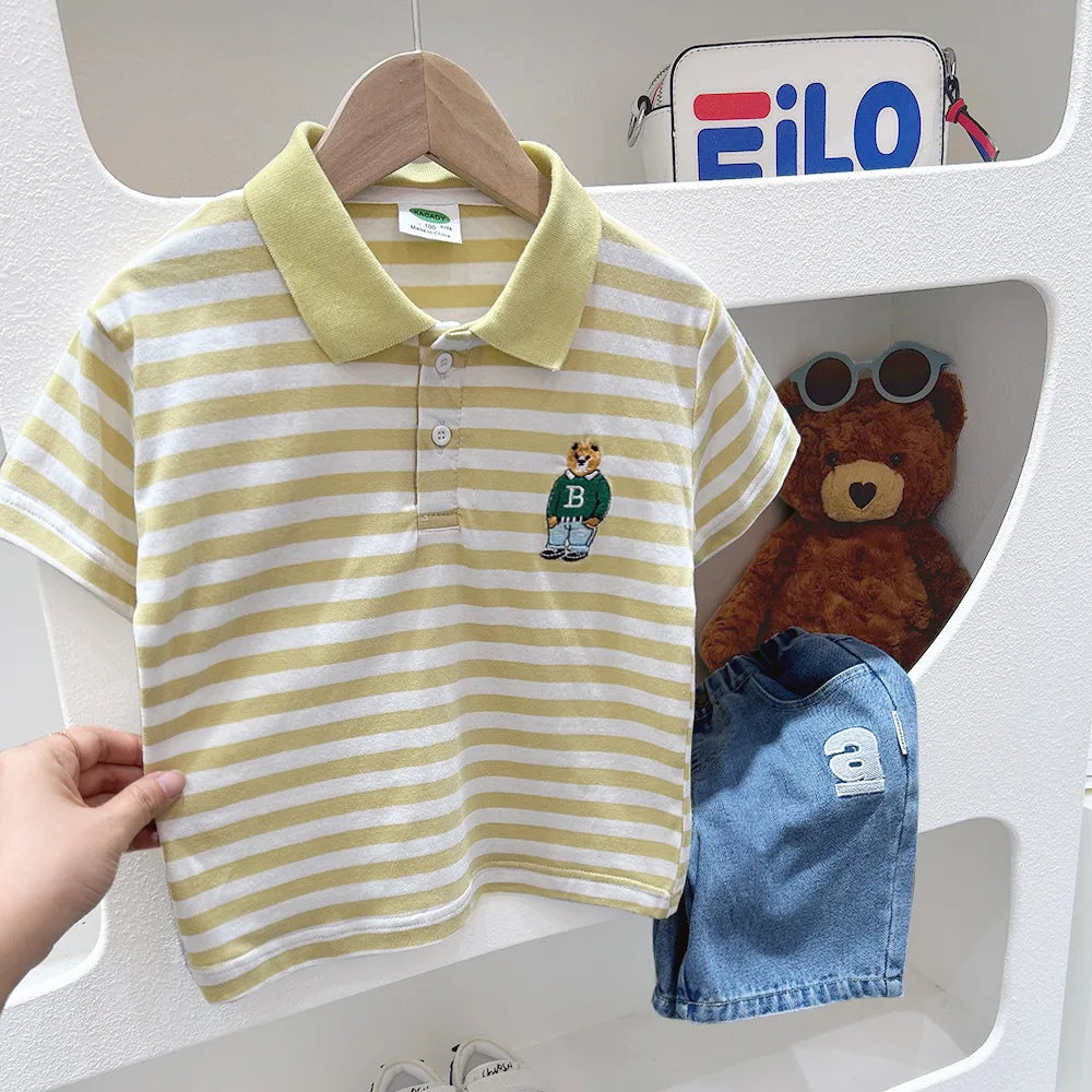 Boys Short Sleeve Tee Polo Shirt For Children 2025 Kids Clothes Striped Graphic Bear T-Shirt Summer Clothes Toddler Casual Tops