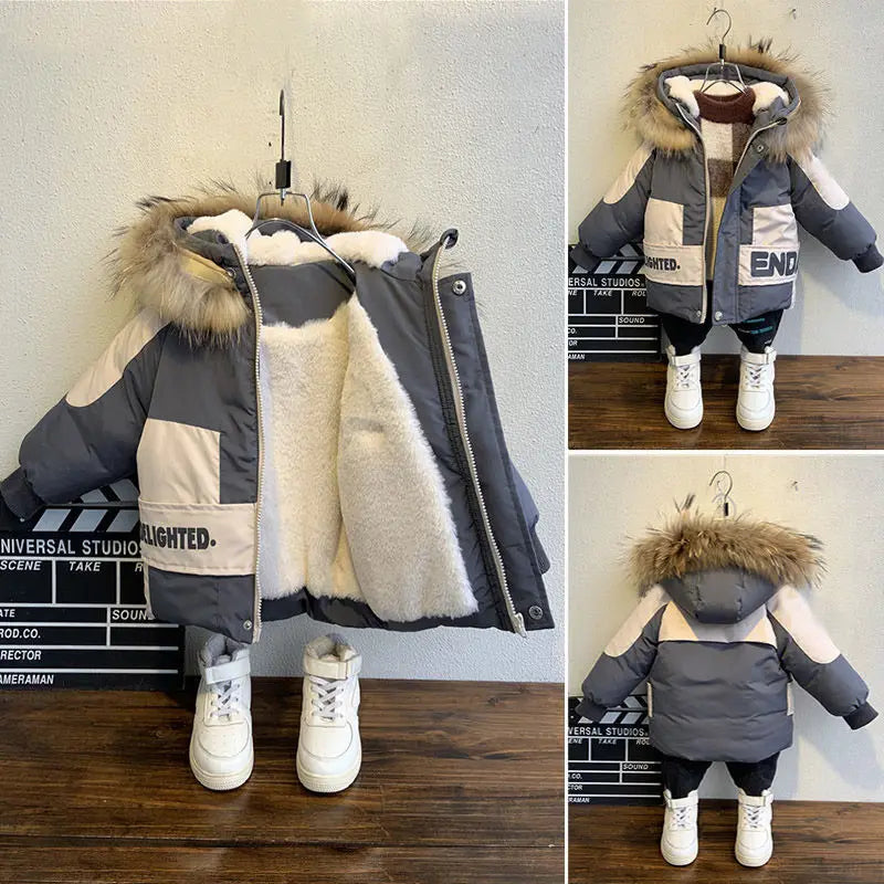 Winter Boys Coat 2026 New Baby Fur Collar Hooded Cotton Plus Velvet Thicken Warm Jacket For Children's Coat For Boys 2-8Years