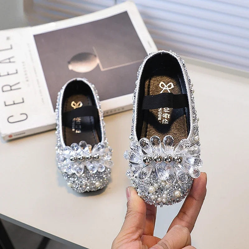 Children's Shoe for Girl Fashion Rhinestone Kids Leather Shoes Sequins Princess Ballet Slip-on Versatile Toddler Casual Shoes