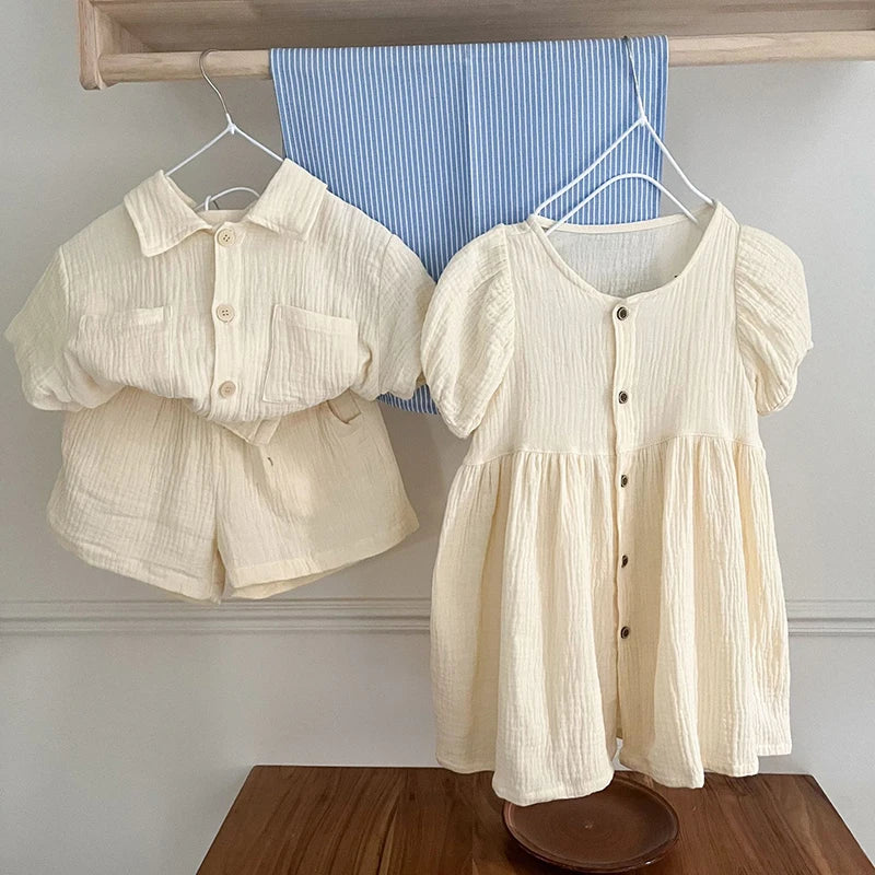 Children's Summer Clothing Set Boys' Short Sleeve Shirt Shorts 2pcs Casual Suit Girls' Solid Color Dress Sister Brother Outfit