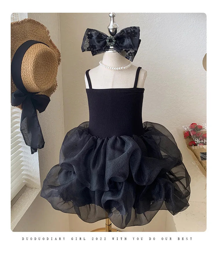 Girls' Summer Dress 2025 New Children's Party Princess Dress Children's Yarn Black Strap Dress Baby Girl Clothes