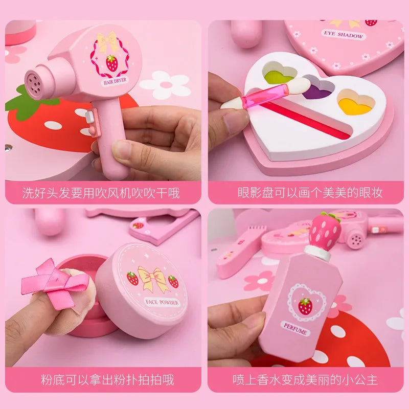 Children Wooden Play House Toys Pink Makeup Bag Simulation Girl Make Up Set Dressing Table Cosmetics Toys Beauty & Fashion Toys