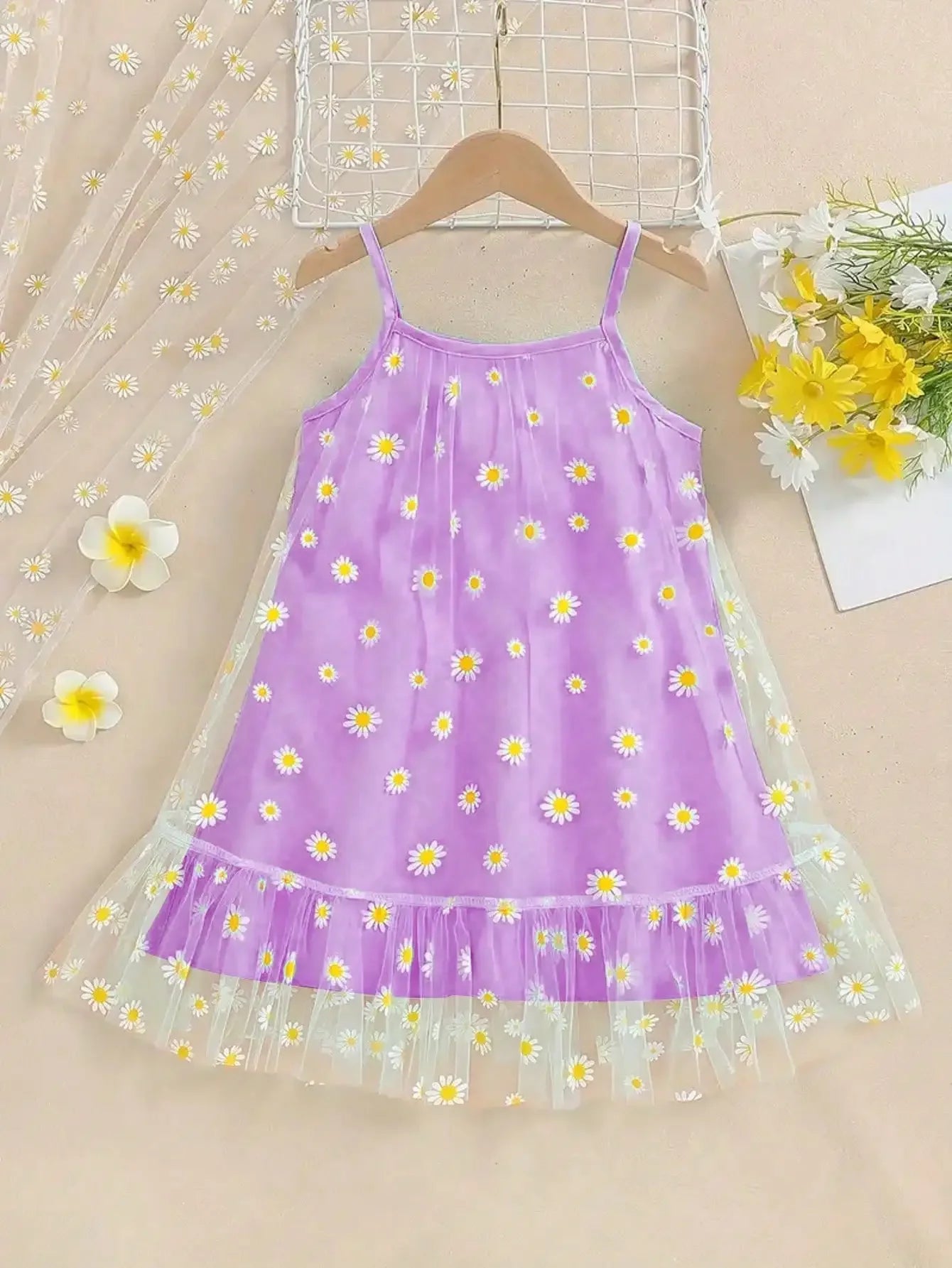 Girls Summer Dress Elegant Daisy Print Mesh Layered Strap Ruffle Bottom Outfit Yellow Green Blue - Children's Clothing