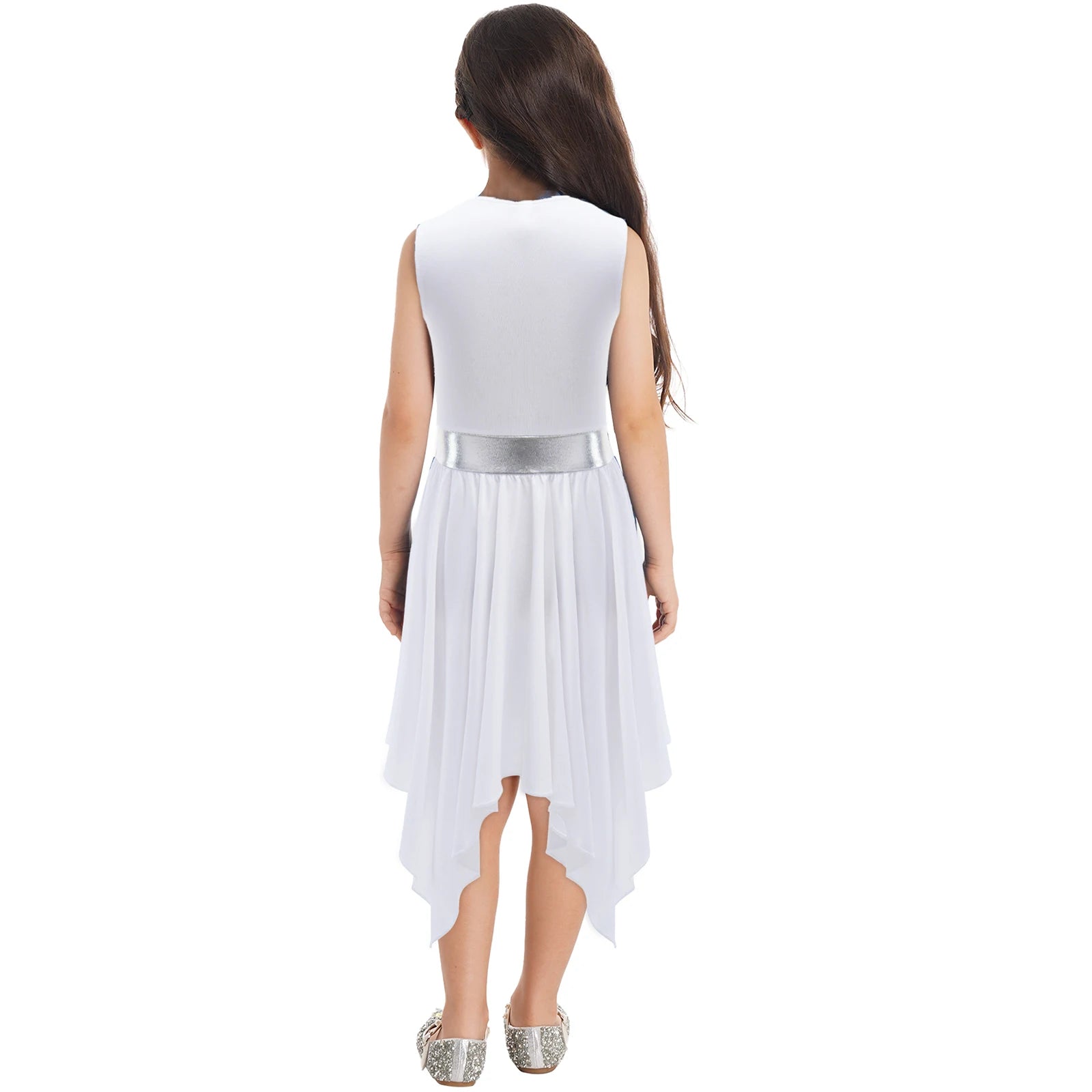Kids Girls Modern Lyrical Ballroom Dance Dress Church Choir Praise Costume Sleeveless Asymmetrical Hem Contrast Color Gown