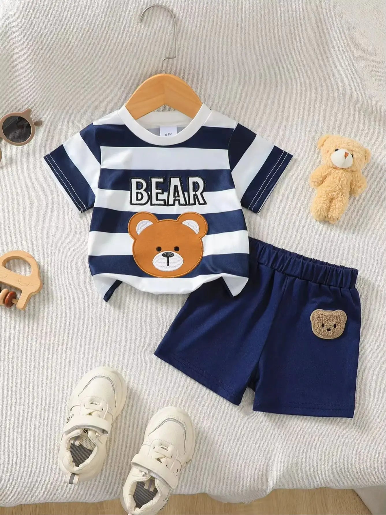 Boys Summer Outfit Striped Bear Pattern Short Sleeve T-shirt And Shorts Set Casual Daily Wear Fashion Children's Set