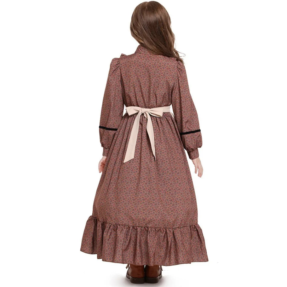 Girls Historical American Colonial Costume Tween Teens Brown Floral Victorian Medieval Dress Maid Long Dress With Apron PS66