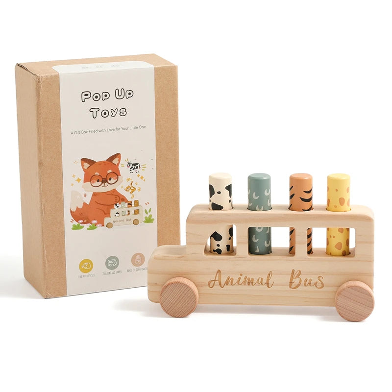 Baby Wooden Bouncing Toys Car Animal Bus Shaped Newborn Education Sensory Puzzle Hand Eye Coordination Training Toys Baby Gifts