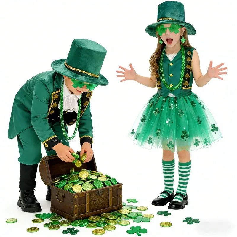 Boys Girls St.Patrick's Day Tailcoat Dress Costume Irish Elf Leprechaun School Party Outfits Halloween Carnival Stage PEFR Set