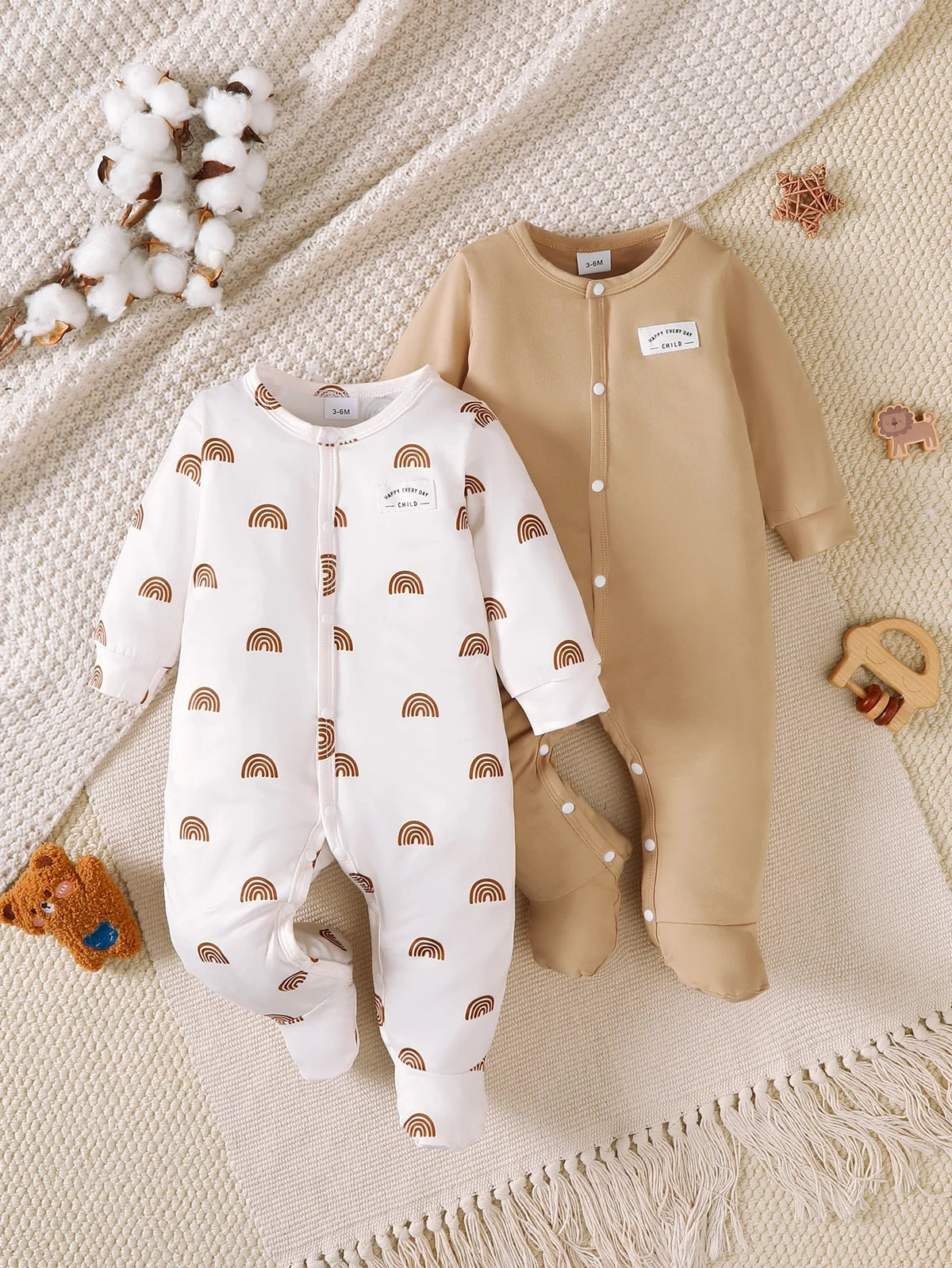 Winter  0-1 Years Old Infant  Baby  Girls  Rainbow  Printed  Long  Sleeved  Jumpsuit  2Casual-Piece Set