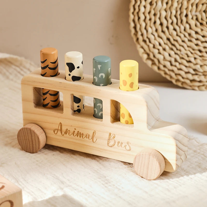Baby Wooden Bouncing Toys Car Animal Bus Shaped Newborn Education Sensory Puzzle Hand Eye Coordination Training Toys Baby Gifts