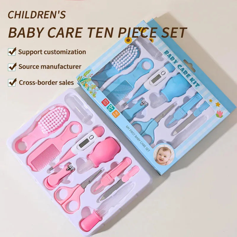 10-in-1 Baby Care Kit: Newborn Grooming Set (Nail Clippers/Brush/Thermometer) for Infant (Pink/Blue)