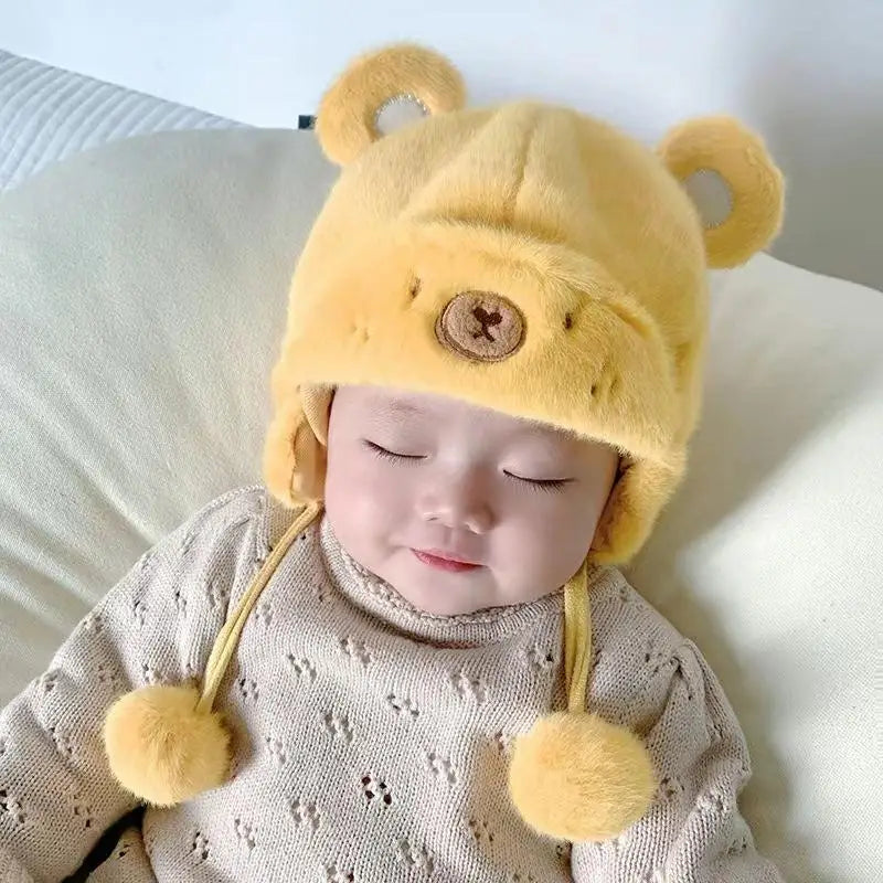 Cute Winter Warm Kids Girl Boys Baby Hats Fleece Wool Hemming Caps With Ball Solid Wool Ear Protection Hats Soft Newborn Bonnet