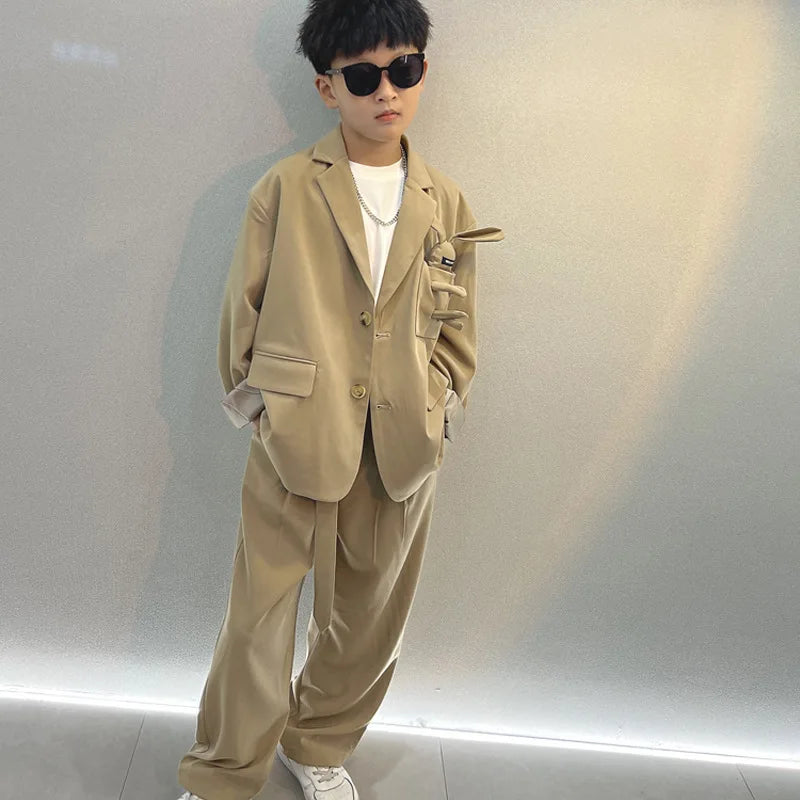 School Boys Suits Casual Blazer Wide-legged Trousers Two Piece Kids Clothes Set Khaki Loose Children Wedding Birthday Costumes