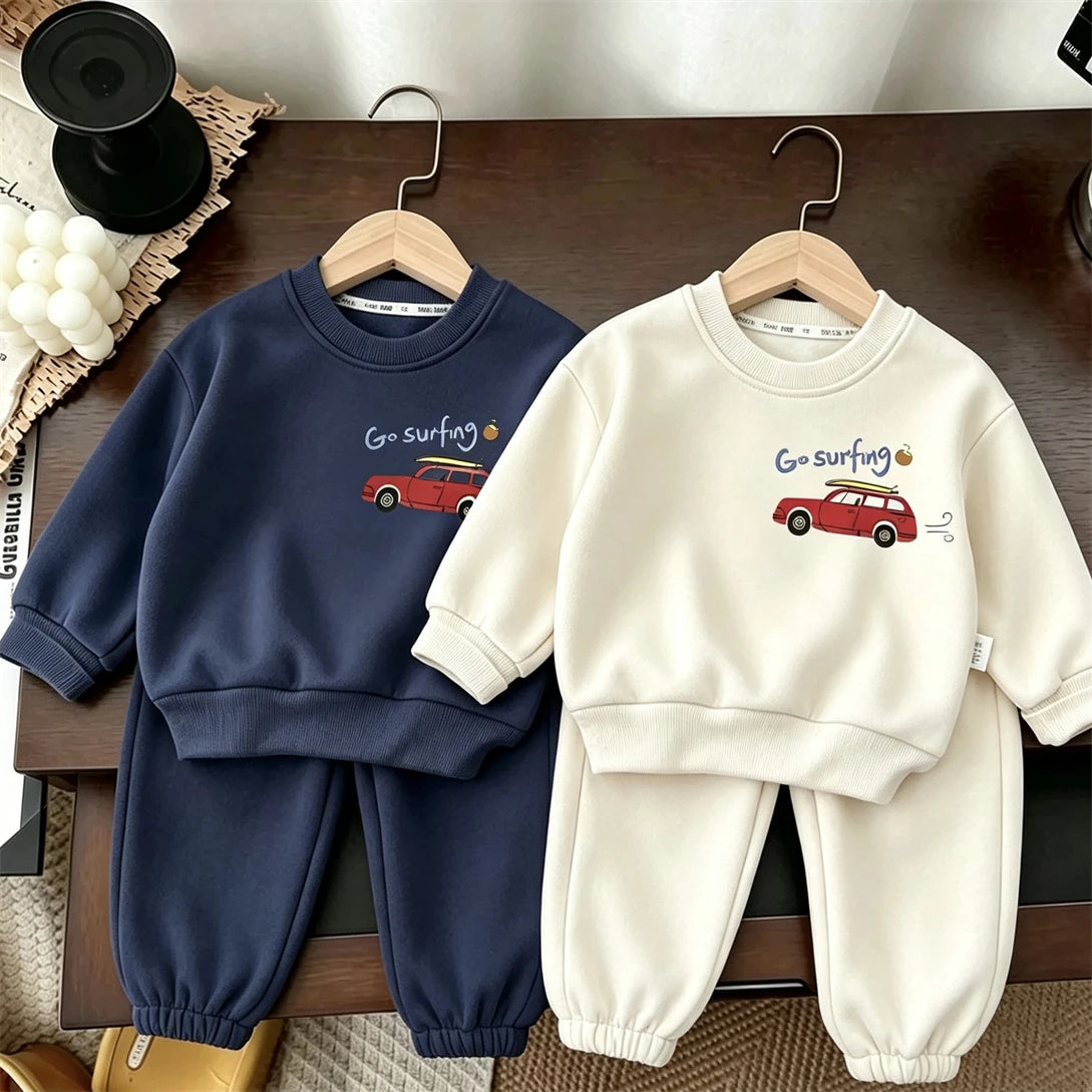 Boys Trendy Outfits Little Car Print Sweatshirts All-match Pants Fashion Sports Costume Children New Solid Color Two Piece Set