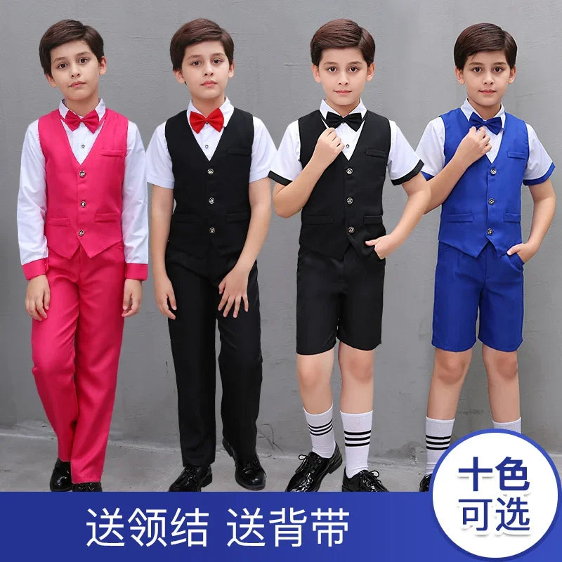 Boys' Small Suit, Vest Set, Big Children's Strap Pants, Performance Dress, Wedding Piano Performance