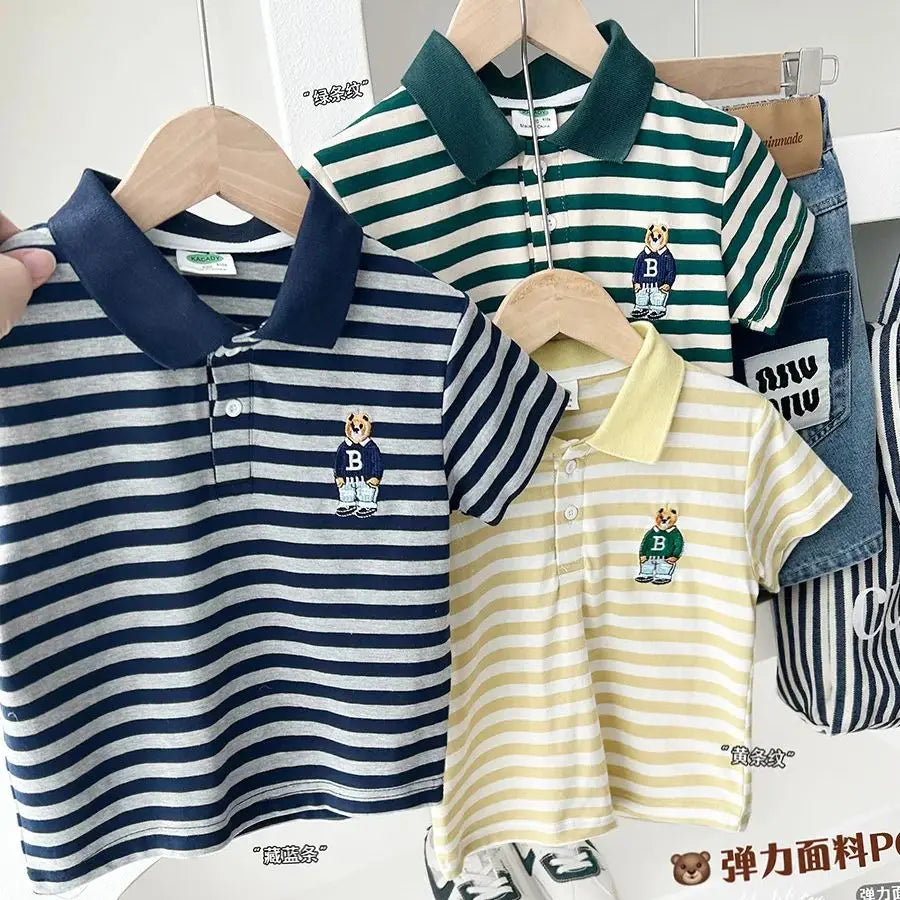 Boys Short Sleeve Tee Polo Shirt For Children 2025 Kids Clothes Striped Graphic Bear T-Shirt Summer Clothes Toddler Casual Tops