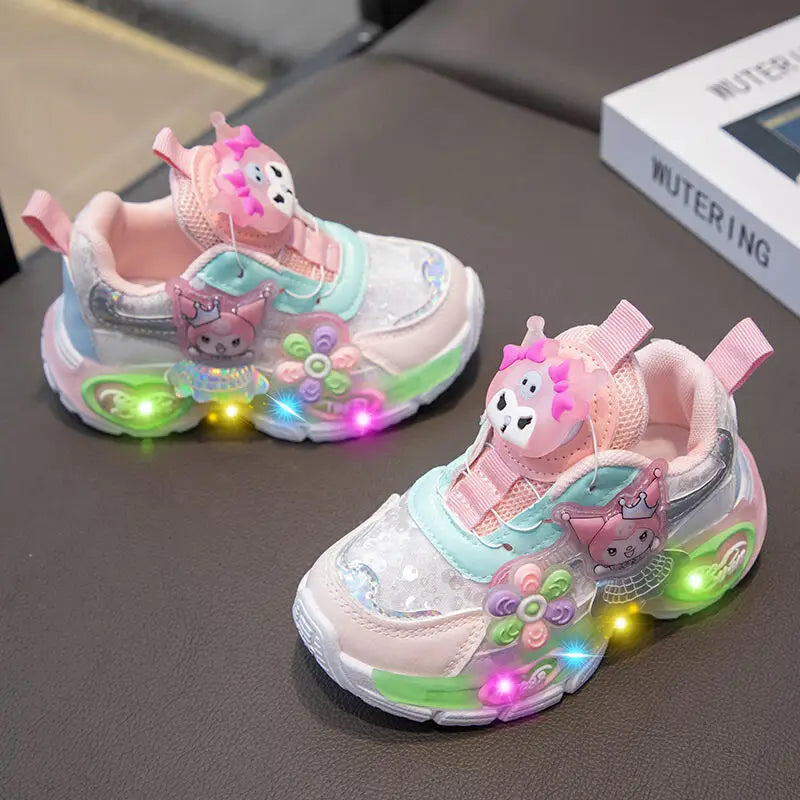 Girls Casual Sports Shoes Girls Spring New Electric Dad Shoes Children's Princess Running Shoes Soft Soled Rotating Button Shoes