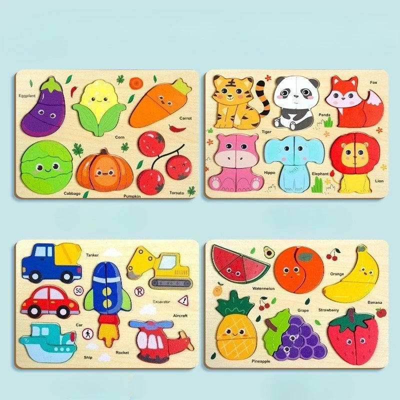 Montessori Wooden Toys 3D Wood Puzzles Cartoon Animal Car Fruit Cognitive Jigsaw Puzzle Early Learning Educational Toys for Kids