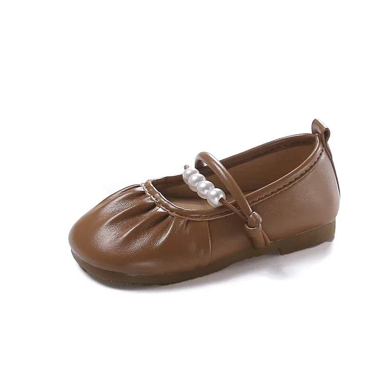 Girls Dance Shoes Soft Bottom Sweet Pleated Children Flats Elegant Round Toes 2025 Autumn New Kids Princess Shoes Pu Leather
