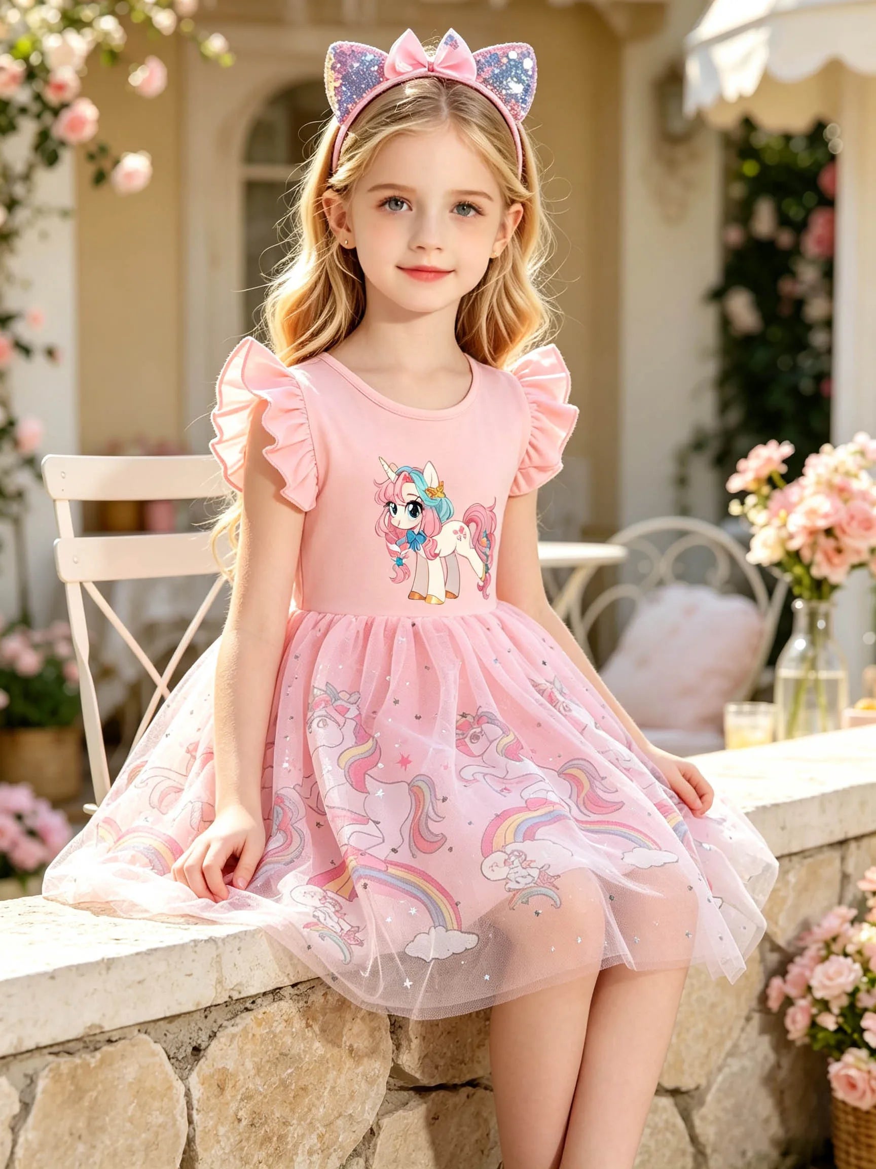 Girls' Summer Dress with Pink Bow & Pony, Ruffle Flutter Sleeves, Sparkly Star Tulle Short-Sleeve Tutu Dress