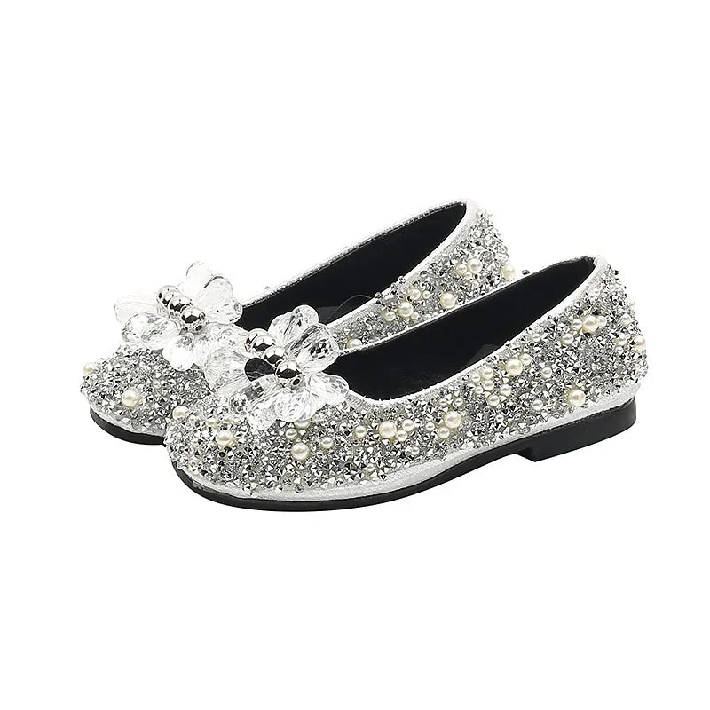 Children's Shoe for Girl Fashion Rhinestone Kids Leather Shoes Sequins Princess Ballet Slip-on Versatile Toddler Casual Shoes