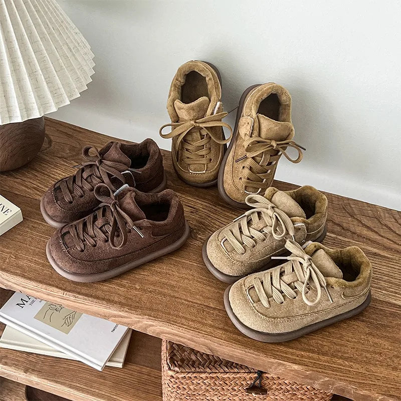 Boys Girls Winter Warm Shoes for Kids Sports Sneakers Plush-Lined Soft Sole Anti Slip Retro Frosted Suede Leather Casual Shoes