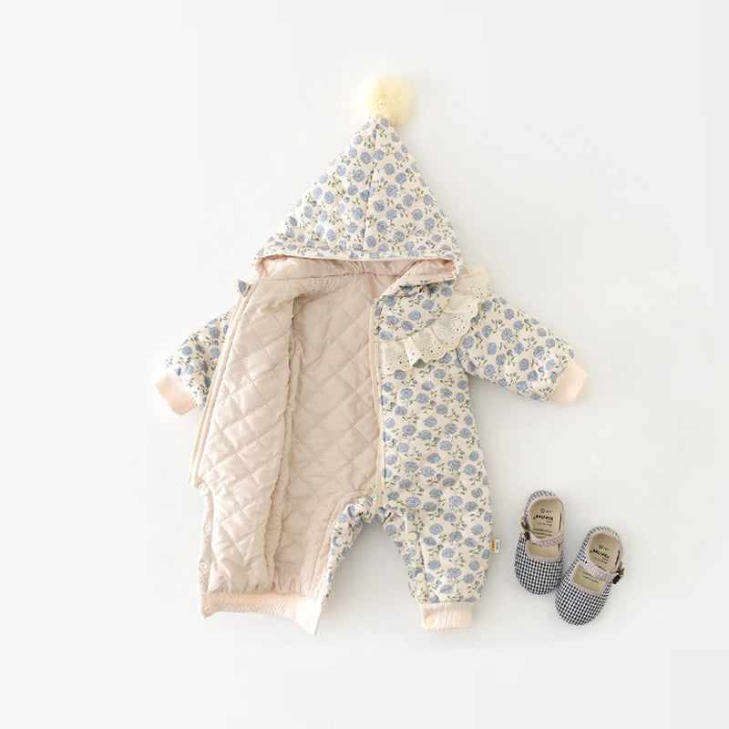 Baby Winter Jumpsuit 0-2 Years old Infant Girls Clothing Sweet Lace Floral of Print Romper Toddler Thick Warm Outerwear