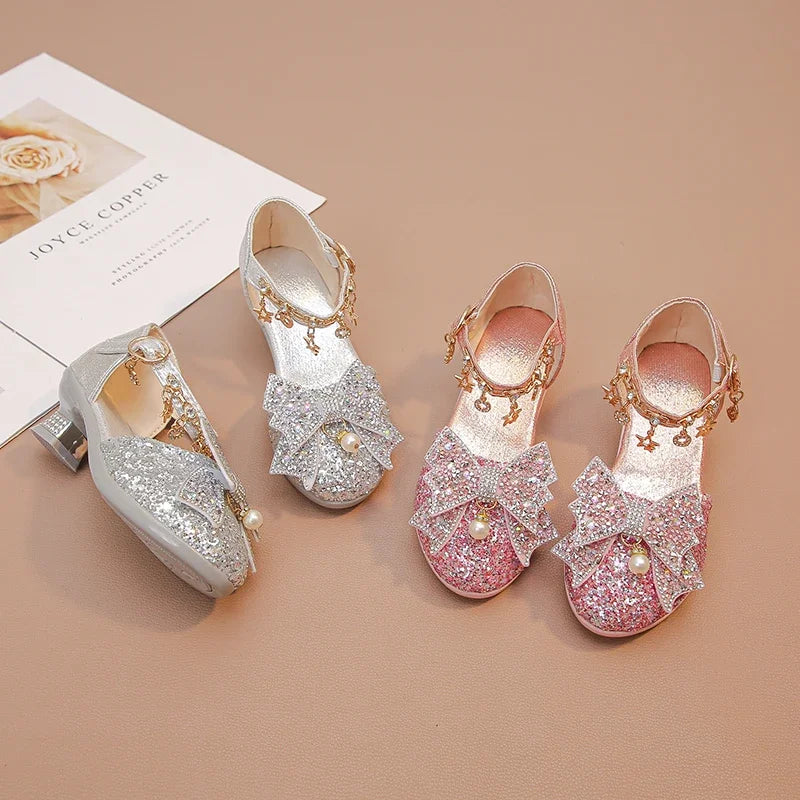 Girls High Heeled Leather Shoes High Heels for Wedding Party Glitter Rhinestone with Bow-knot Kids Dress Pendant Bling Sparkling