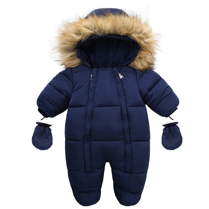 Winter Baby Jumpsuit With Glove Cute Newborn Coat Cotton Plus Velvet Baby Romper Warm Infant Clothing Set Hooded Toddler Clothes