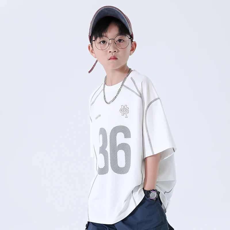 Children's Boys T-Shirts with Number Print Round Neck Short Sleeve Shirts for New Summer Casual Wear White Loose Cotton Clothes