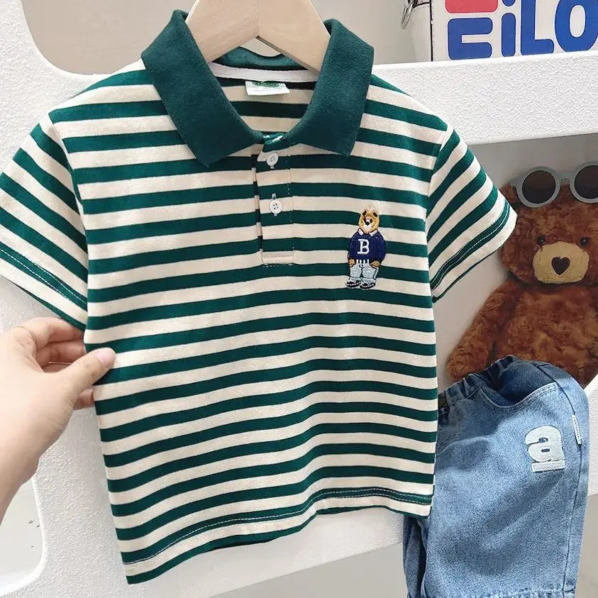 Boys Short Sleeve Tee Polo Shirt For Children 2025 Kids Clothes Striped Graphic Bear T-Shirt Summer Clothes Toddler Casual Tops