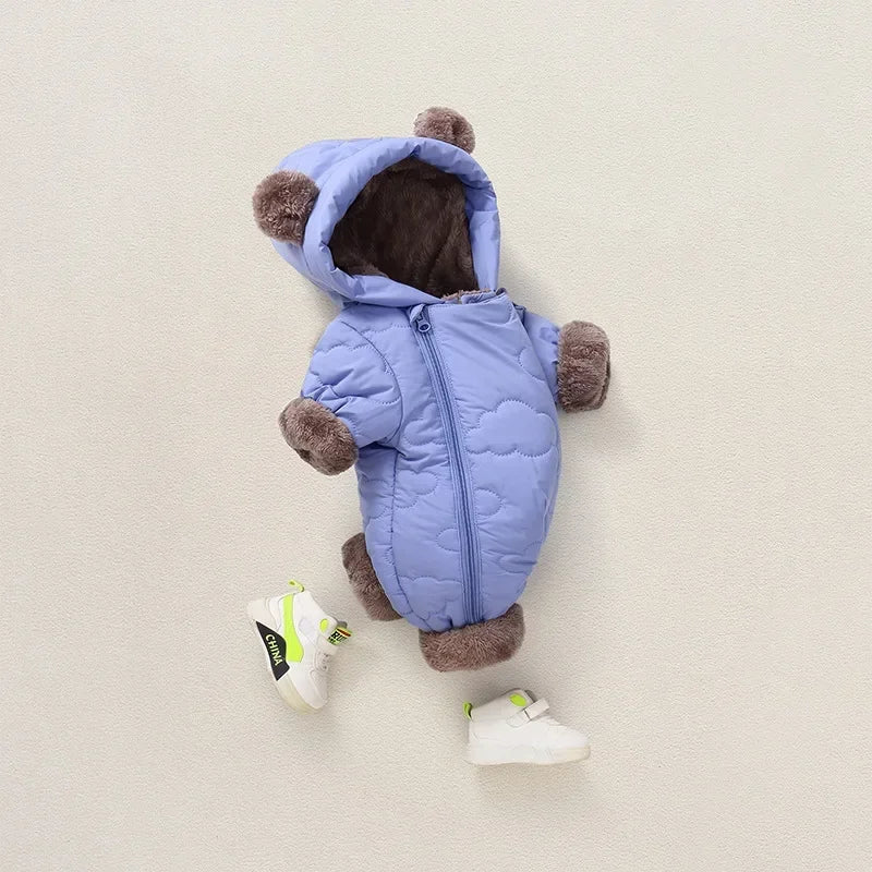 Winter Bear Ears Warm Baby Snowsuit Cute Solid Thickened Fleece for Girl Boy Jumpsuit Lined Double-Layer Hooded Toddler Romper