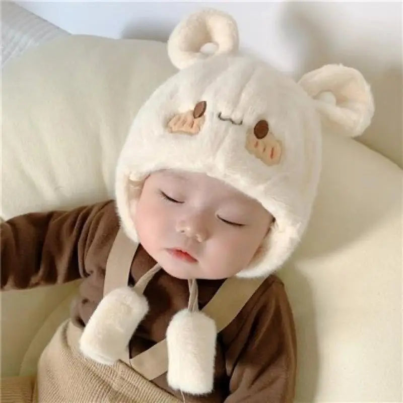 Cute Winter Warm Kids Girl Boys Baby Hats Fleece Wool Hemming Caps With Ball Solid Wool Ear Protection Hats Soft Newborn Bonnet