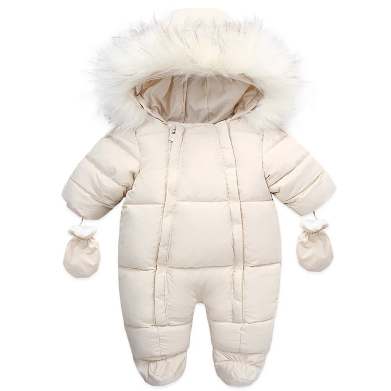 Winter Baby Jumpsuit With Glove Cute Newborn Coat Cotton Plus Velvet Baby Romper Warm Infant Clothing Set Hooded Toddler Clothes
