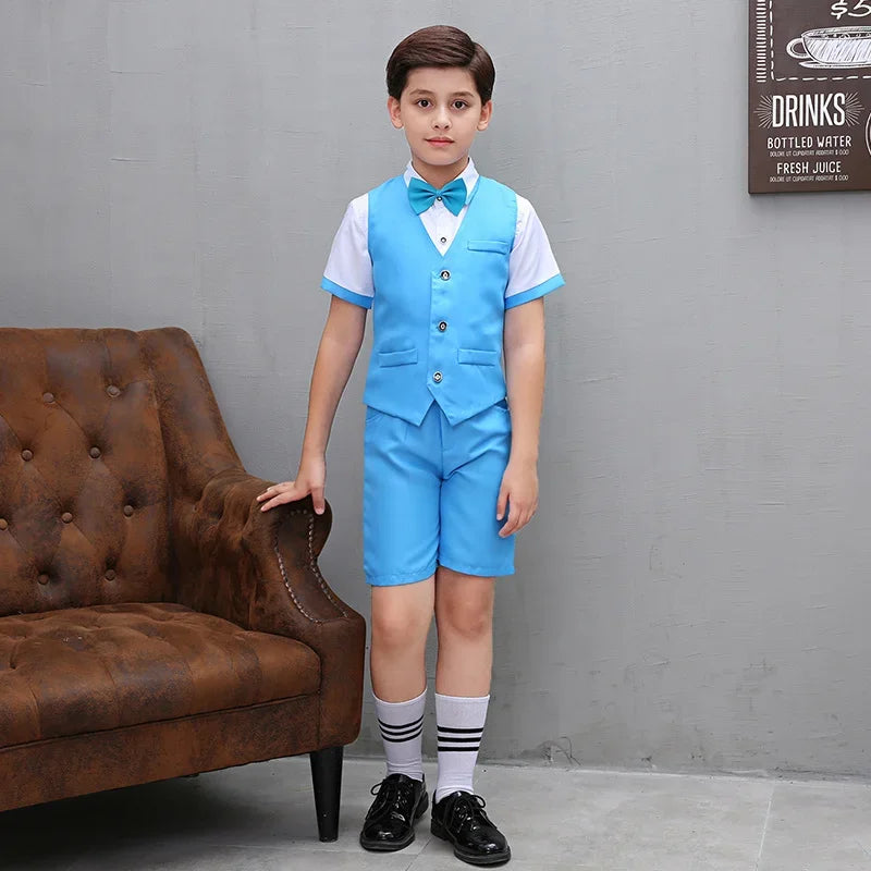 Boys' Small Suit, Vest Set, Big Children's Strap Pants, Performance Dress, Wedding Piano Performance