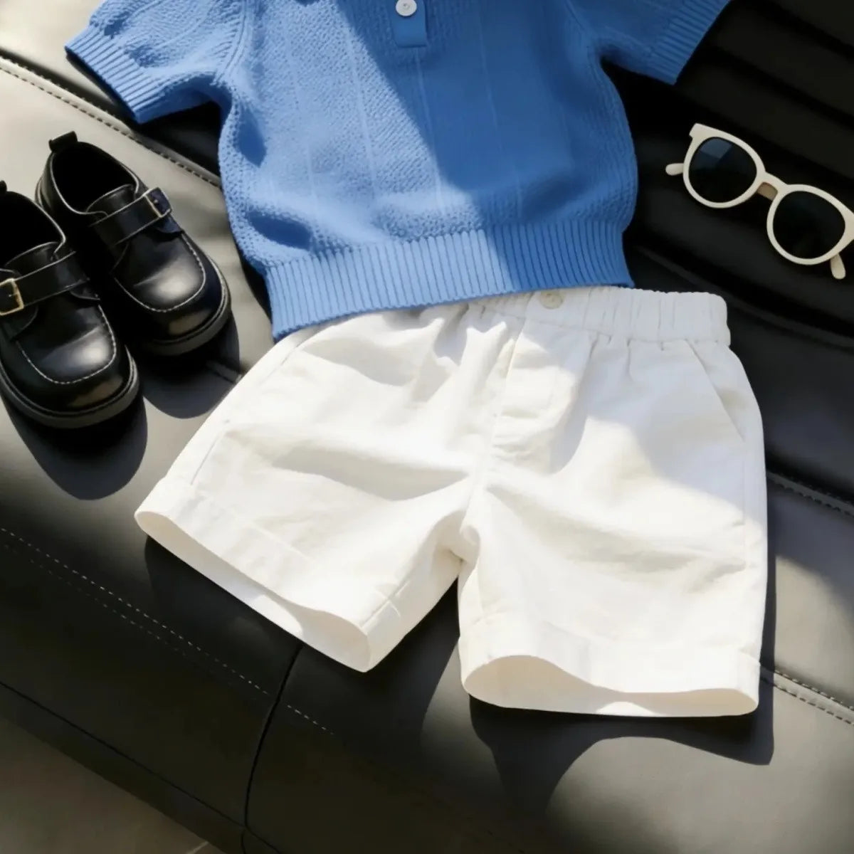 Boys Summer Outfit Fashion New Stylish Children's Handsome Hollow Polo Short Sleeve T-Shirt Plus Casual Pants Two-Piece Set