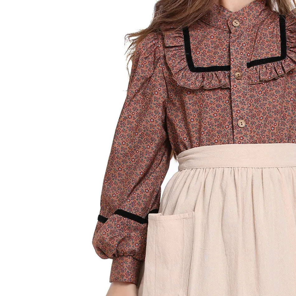 Girls Historical American Colonial Costume Tween Teens Brown Floral Victorian Medieval Dress Maid Long Dress With Apron PS66